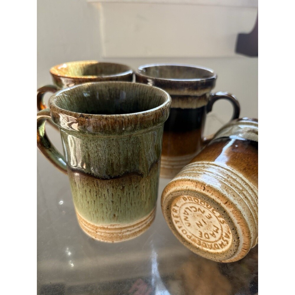 Ashdale Pottery Set Of 4 Drip Glaze Vintage Mugs Green Brown 4.5” Excellent Cond